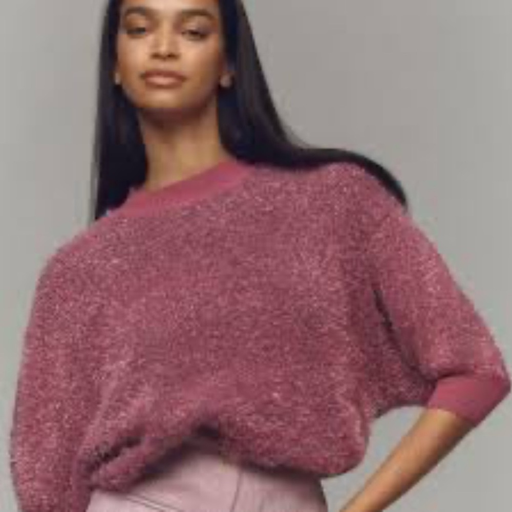 Anthropologie Maeve Tinsel Sweater Pink Violetta Short Sleeve Preppy Medium NEW